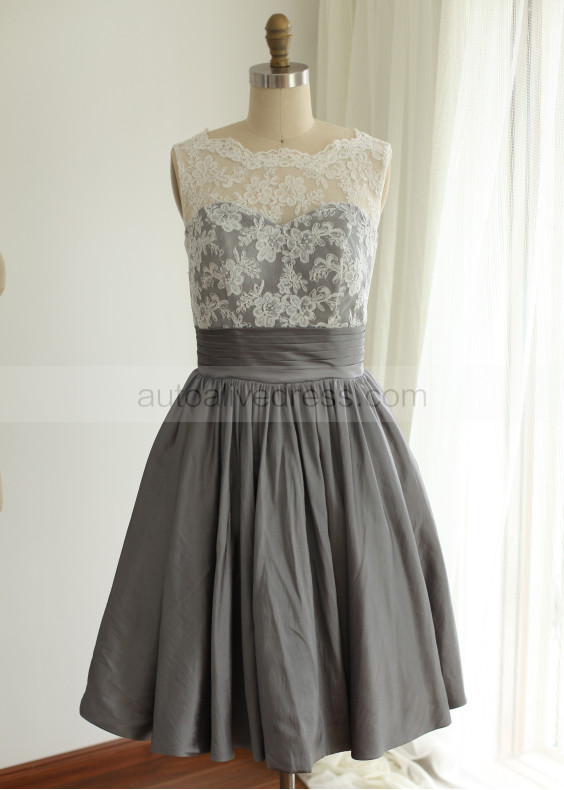 Ivory Lace Gray Taffeta V Back Short Vintage Bridesmaid Dress